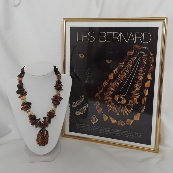 Vintage Chunky Tiger's Eye Necklace + Framed 1980's Magazine Ad ~ Les Bernard Jewelry