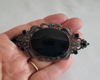 Art Deco Sterling Silver Onyx Marcasite Brooch ~ Opulent 25 Grams :))