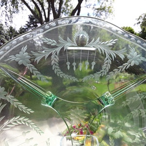 Vintage Fostoria Cut Green Glass 12&quot; Console Centerpiece Bowl ~ Exceptional!! Elegant Depression Glass #2394, UV-Fluorescent ;)