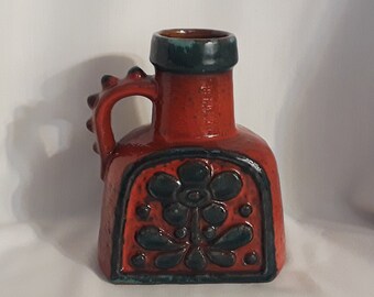 Vintage MCM Carstens Austria 3967-18 Red Ceramic Jug Vase ~ 7" Tall, Brutalist Floral, Hard to Find