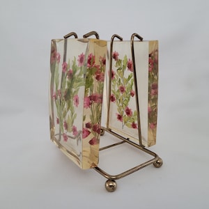 Vintage Chunky Lucite Acrylic Napkin Holder in Metal Stand ~ Embedded Pink Flowers, Spring & Summer Chunky!!