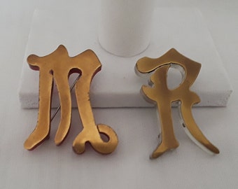 Vintage Bakelite OR Lucite Initial Brooch ~ YOUR CHOICE of Red Bakelite M or Clear Lucite R, Both With Brass Face Fronts