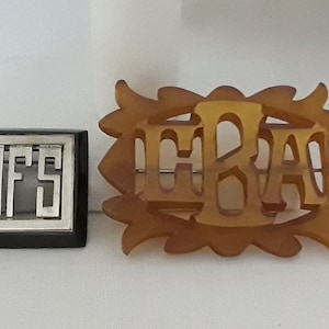 Vintage Bakelite Monogram Brooch ~ Your Choice of Applejuice CAB/CBA or Black & Silver MFS, Use to Express a Personal Motto ;)