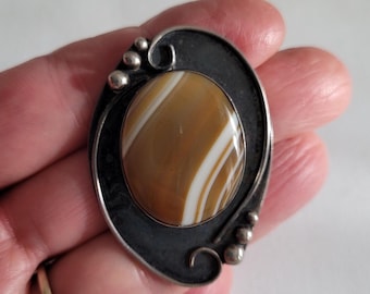 Arts & Crafts Style Banded Agate and Silver 2" Brooch ~ Unmarked, Handwrought