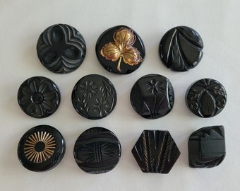 LOT of 11: Vintage Chunky Bakelite Catalin Coat Buttons ~ ALL BLACK, Metal-Shanked
