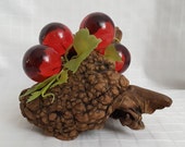 Vintage MCM Red Lucite Grapes on Faux Burl Driftwood UV Fluorescent )