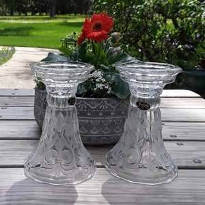 PAIR 8&quot; Crystal Glass Candlestick Holders w/Original Labels ~ &quot;Fleur de Lis&quot; by Crystal Clear Studios, Japan