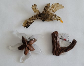 Vintage Carved Lucite Brooches, Two With Carved Wood ~ YOUR CHOICE of Starfish, Owl in Tree, Bird in Flight