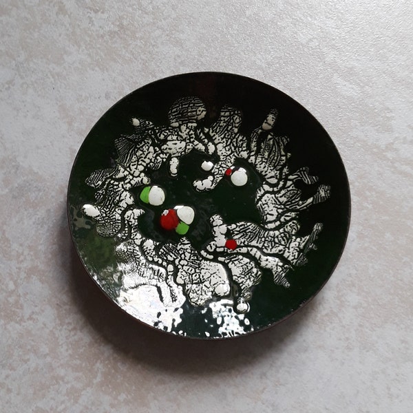 MCM Vintage Enamel on Copper Abstract "Christmas" Plate ~ Signed Ruth