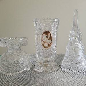 Lovely LOT of 3: Hofbauer Byrdes Crystal Clear Hurricane Lamp Base, Dinner Bell, & Vase ~ Bonus! Two 10&quot; Tapers Included