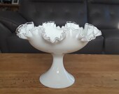 Vintage Fenton SILVER CREST Milk Glass 11 quot Footed Pedestal Bowl Double-Crimped, 8 quot Tall, Heavy