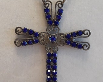 Vintage Art Deco Cross Pendant Necklace ~ Prong-Set Cobalt Blue Glass Rhinestones