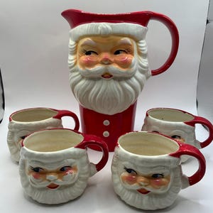 Vintage Japan Christmas Santa pitcher and 4 mug set, original brown box