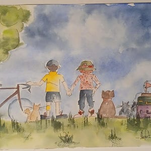 Aquarelschilderij Familieportret, Groepsportret van Vrienden, van achteren.