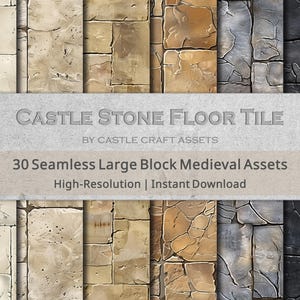 Puede incluir: Una colección de 30 texturas de baldosas de suelo de piedra medievales de bloques grandes y sin costuras. Las baldosas varían en color, desde beige claro hasta gris oscuro, con grietas y texturas visibles. El texto "CASTLE STONE FLOOR TILE" está incluido.
