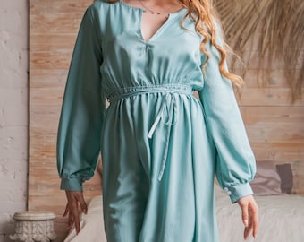 Silk Chiffon Maxi dress,Silk Belted dress Women,Periwinkle Long Sleeve dress,Silk Oversized dress,Silk Plus Size dress,Organic Chiffon dress