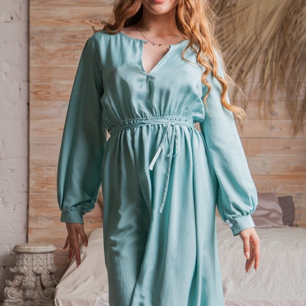 Silk Chiffon Maxi dress,Silk Belted dress Women,Periwinkle Long Sleeve dress,Silk Oversized dress,Silk Plus Size dress,Organic Chiffon dress