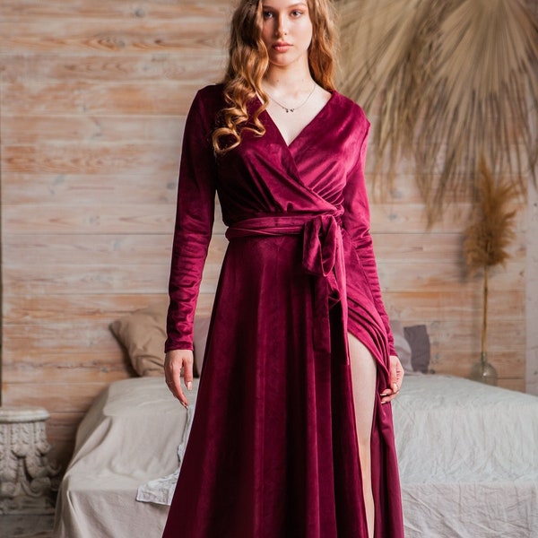 Floor length robe, Velvet robe long, Red velvet kimono,Velvet Nightgown Robe, Red robe women, Velvet robe bridesmaids, Long velvet robe