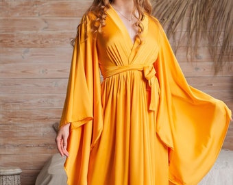 Silk kimono robe for women, Long sleeve kimono robe, Yellow silk robe, White silk robe, Silk robe long, Long women robe, Silk morning gown