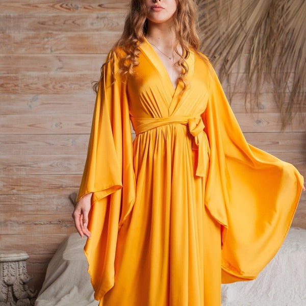 Robe kimono en soie à manches longues, femmes robe kimono en soie, robe longue en soie, robe longue en soie mariée, robe kimono de mariage, robe de chambre en soie