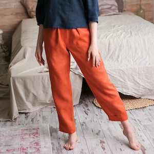 Linen high waisted pants, Organic linen pants, Orange pants for women, Linen pants for women, Linen trousers, Pants pockets