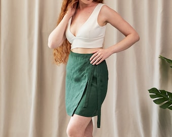 Linen wrap mini skirt, High wasted skirt, Straight skirt, Short linen skirt, Adjustable linen skirt, Natural linen skirt, Casual skirt