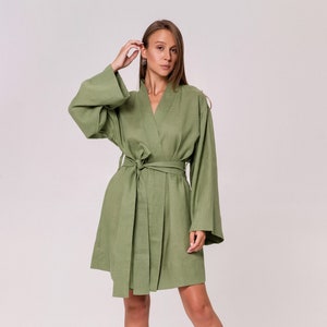 Linen robe for Women,Linen kimono for Women,Linen Organic robe,Linen Wrap Bath robe,Linen Green kimono Robe,Linen Womens Belted kimono image 1