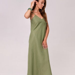 Linen sleeveless maxi dress, Simple linen dress, Spaghetti strap linen dress, Linen nightgown slip, Linen underdress, Green linen dress image 2