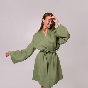 Linen robe for Women,Linen kimono for Women,Linen Organic robe,Linen Wrap Bath robe,Linen Green kimono Robe,Linen Womens Belted kimono image 2