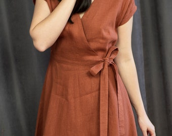 Women linen clothing, V-Neck style dress, Brown linen sun dress, Linen wrap dress comfortable, Summer dress