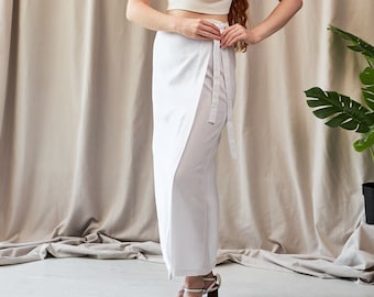 Jupe en lin blanche pour femme, jupe portefeuille midi, jupe longue taille haute, jupe bio, jupe mi-mollet, jupe ronde en lin, jupes d'été pour femme