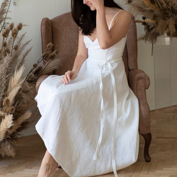 Linen maxi dress for women, Linen wrap dress sleeveless, White linen slip sundress, Asymmetric sleeveless summer dress, Sustainable clothing