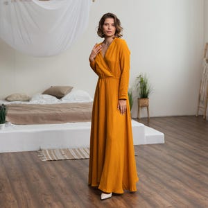 Linen long dress, Maxi dress with long sleeves, Flax linen dresses, Pure linen dress, V-neck dress feminine, Soft linen dresses for women