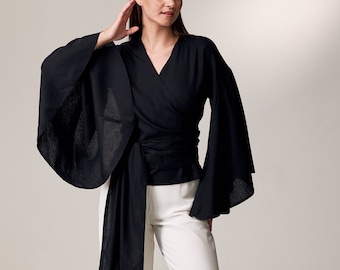 Haut cache-cœur kimono, haut en lin à manches longues, chemisier à manches larges, chemise kimono en lin, chemisier kimono, chemise à manches longues en lin, chemisiers en lin pour femmes