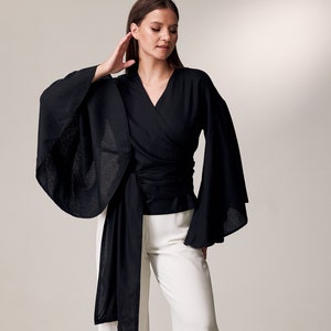 Kimono wrap top, Long sleeve linen top, Wide sleeve blouse, Linen kimono shirt, Kimono blouse, Linen long sleeve shirt,Linen blouses women image 1