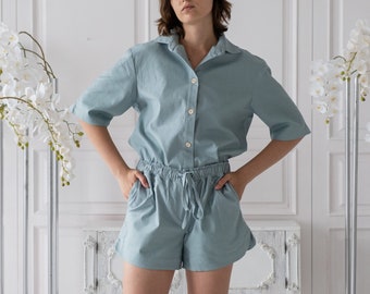 Linen lounge set women, Linen summer outfit, Linen sleepwear set, Linen pajama set women,Shirt and shorts set,Woman's clothing,Linen pyjamas