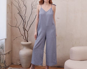 Linen jumpsuit women, Linen romper women, Linen playsuit, Sleeveless jumpsuit, Jumpsuit with pockets, Wide leg jumpsuit, Loose jumpsuit