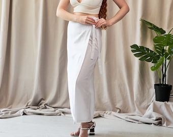 White maxi skirt, Linen skirt long, Wrap linen skirt, Wrap skirt white, Belted skirt