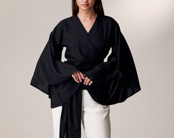 Haut kimono en lin, chemisier à manches larges, haut cache-cœur en lin, chemisier cache-cœur, chemise ample en lin, cache-cœur kimono, chemise kimono japonaise, kimono court femme