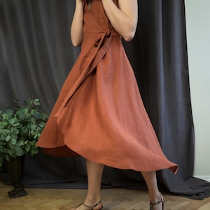 Brown asymmetric linen dress, Short sleeve plus size wrap dress for women, Casual summer linen outfit, Minimalist everyday dress image 5
