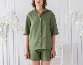 Ensemble deux pièces en lin femme, Ensemble de détente en lin, Ensemble pyjama en lin femme, Costume en lin femme, Ensemble chemise et short, Vêtements en lin, Ensemble d'été