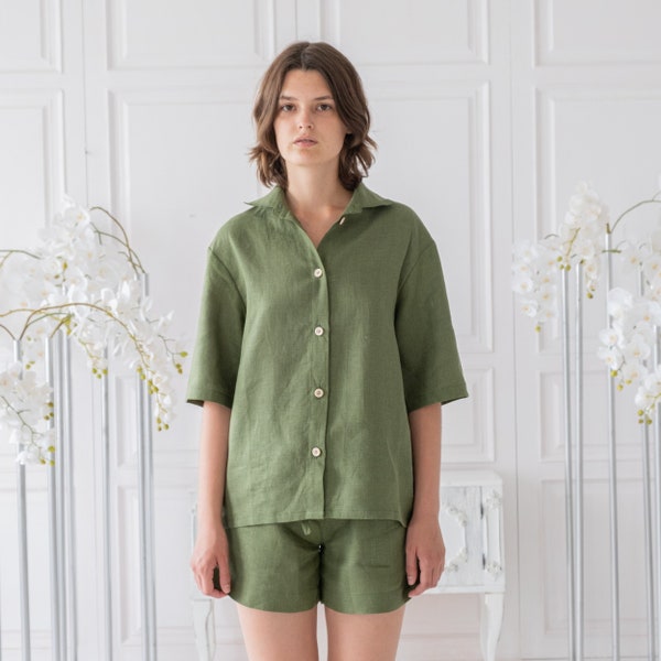 Linen two piece set women, Linen loungewear set, Linen pajama set women, Linen suit women, Shirt and shorts set, Linen clothing, Summer set