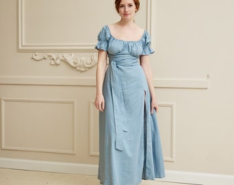 Linen dress with short sleeves, Slit dress, Blue linen dress, Romantic linen dress, Cottage core dress for women, Linen wrap dress for women