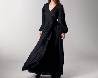 Black bohemian dress, Wide sleeve dress, Long black dress long sleeve, Linen dress with belt, Maxi black dress, Witch style dress