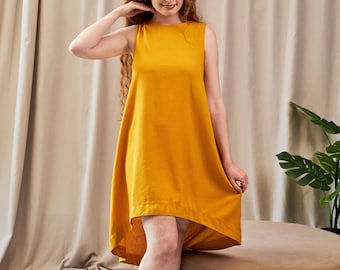 Linen tank dress, Pure linen dress, Yellow sundress, Oversized linen dress, Yellow summer dress, Obi belt dress, Summer linen dresses
