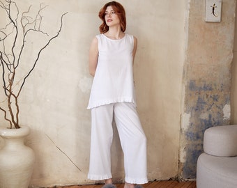 Linen pant suit, Linen sleep set, White linen tops, Sleeveless tunic, Linen summer pants, Plus size linen pants, Summer pants for women