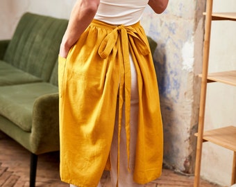 Half aprons for women with pocket, Linen cafe apron, Ruffle apron, Yellow apron, Linen waist apron, Linen skirt apron, Elegant apron