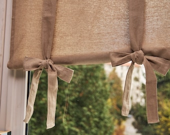 Tie up linen curtain, Natural linen curtains, Kitchen curtains, Custom linen curtains, Linen roll up curtains, White linen curtains