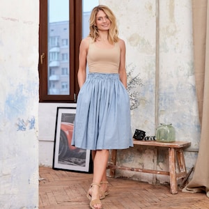 Linen skirt midi, Linen skirt navy blue, Linen skirt with elastic waist, Linen summer skirt,Linen skirt with pockets,Comfortable linen skirt