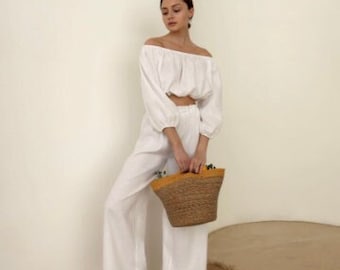 Ensemble deux pièces en lin, Ensemble deux pièces femme blanc, Ensemble lin, vêtements pour femmes, Costume en lin femme, Ensemble deux pièces pantalon, Ensemble haut court et pantalon